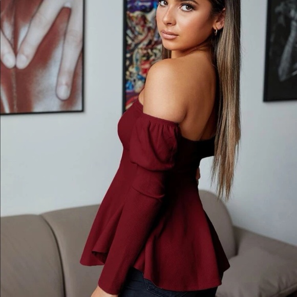 Peplum off shoulder top burgundy puff sleeve womens sexy sweater long sleeve - Picture 4 of 4